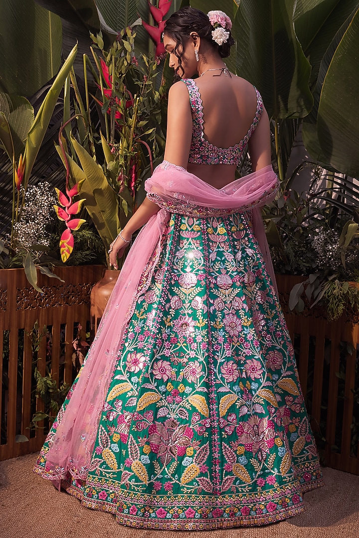 Emerald Green Foil Embroidered Bridal Lehenga Set by Aneesh Agarwaal at Pernia's Pop Up Shop