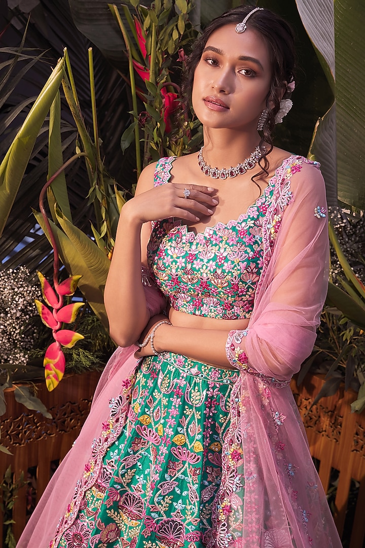 Emerald Green Foil Embroidered Bridal Lehenga Set by Aneesh Agarwaal at Pernia's Pop Up Shop