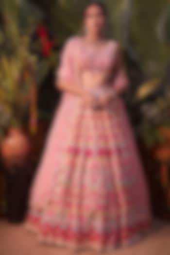Pink Applique Embroidered Bridal Lehenga Set by Aneesh Agarwaal at Pernia's Pop Up Shop