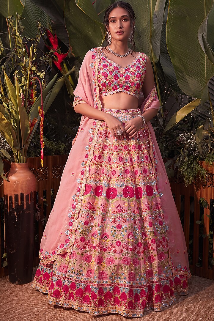 Pink Applique Embroidered Lehenga Set Design by Aneesh Agarwaal at