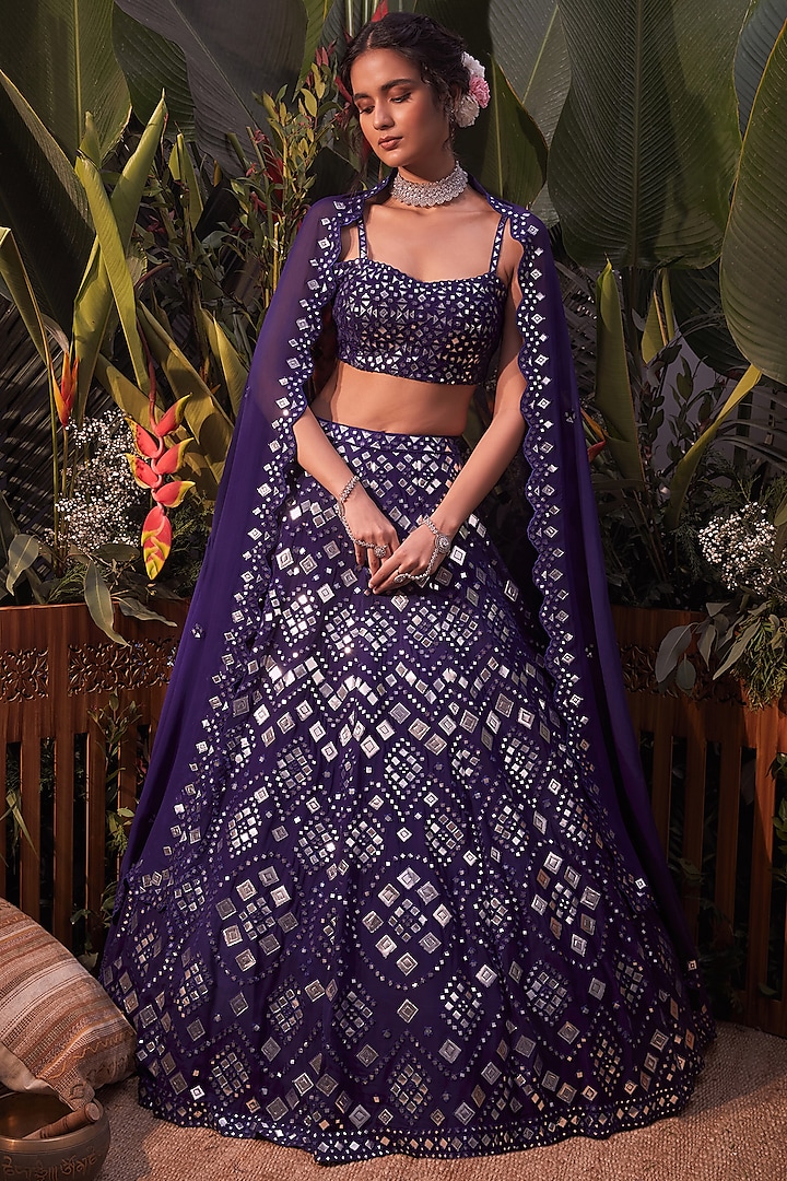 Purple Foil Embroidered Bridal Lehenga Set by Aneesh Agarwaal at Pernia's Pop Up Shop