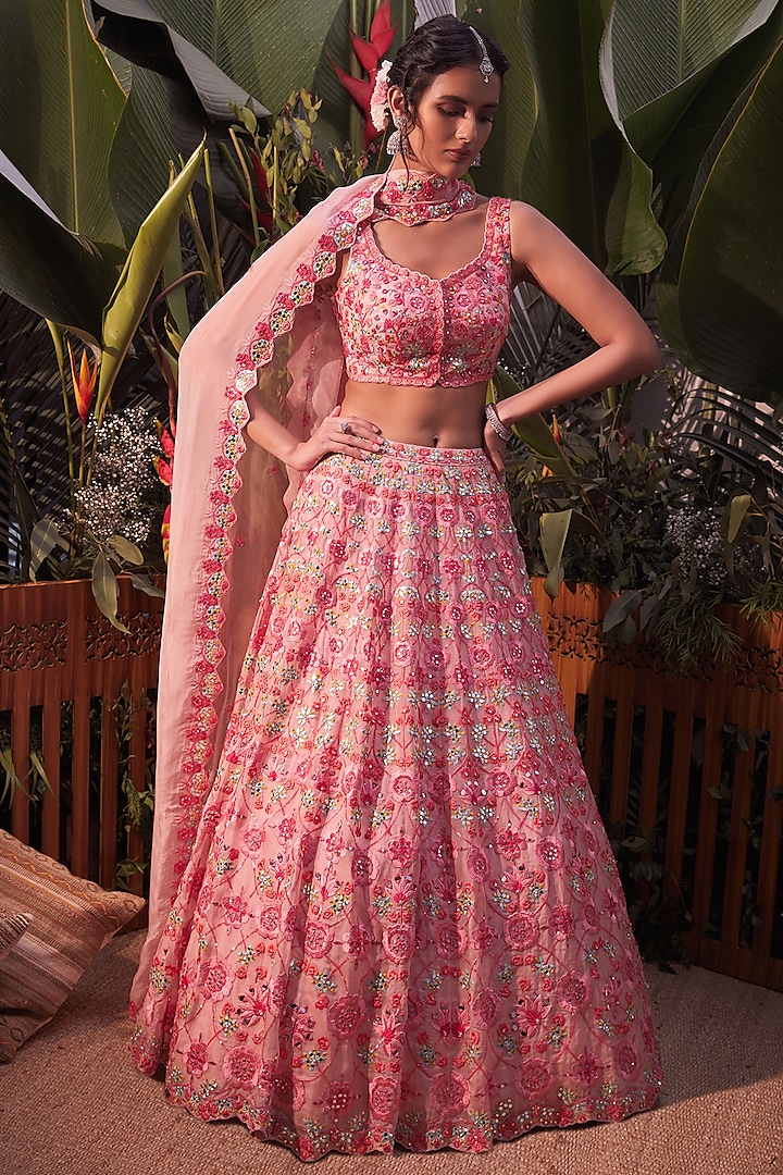 Pink Thread Embroidered Bridal Lehenga Set by Aneesh Agarwaal at Pernia's Pop Up Shop