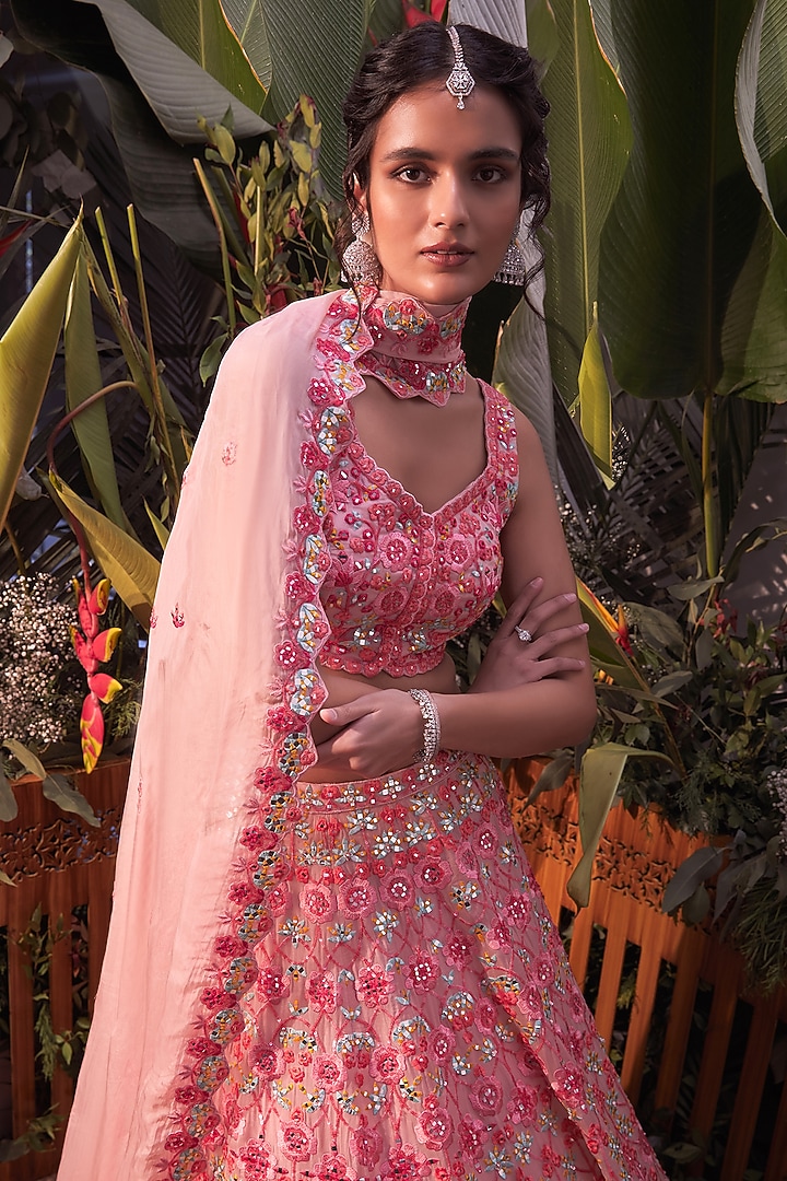 Pink Thread Embroidered Bridal Lehenga Set by Aneesh Agarwaal at Pernia's Pop Up Shop
