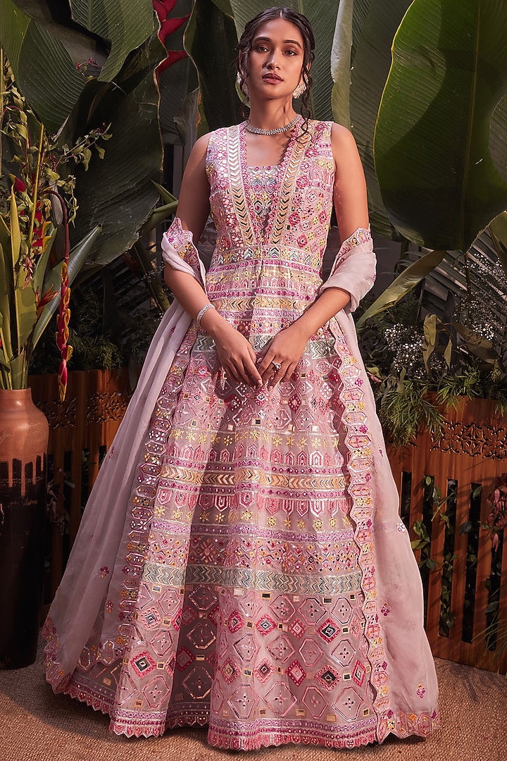 Pink Foil Embroidered Jacket Set by Aneesh Agarwaal at Pernia's Pop Up Shop