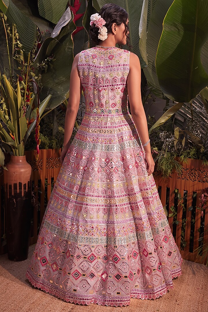 Pink Foil Embroidered Jacket Set by Aneesh Agarwaal at Pernia's Pop Up Shop