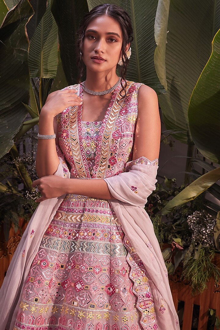Pink Foil Embroidered Jacket Set by Aneesh Agarwaal at Pernia's Pop Up Shop