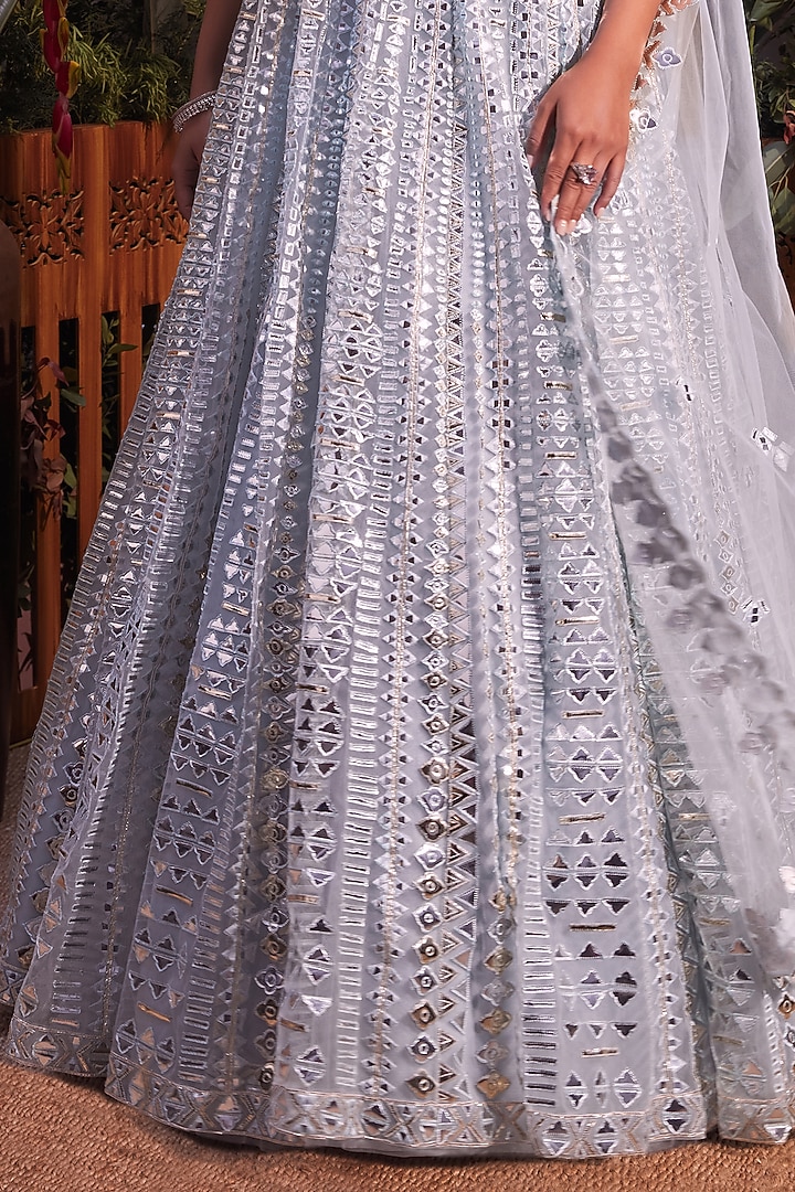 Sky Blue Net Foil Embroidered Jacket Wedding Lehenga Set by Aneesh Agarwaal at Pernia's Pop Up Shop