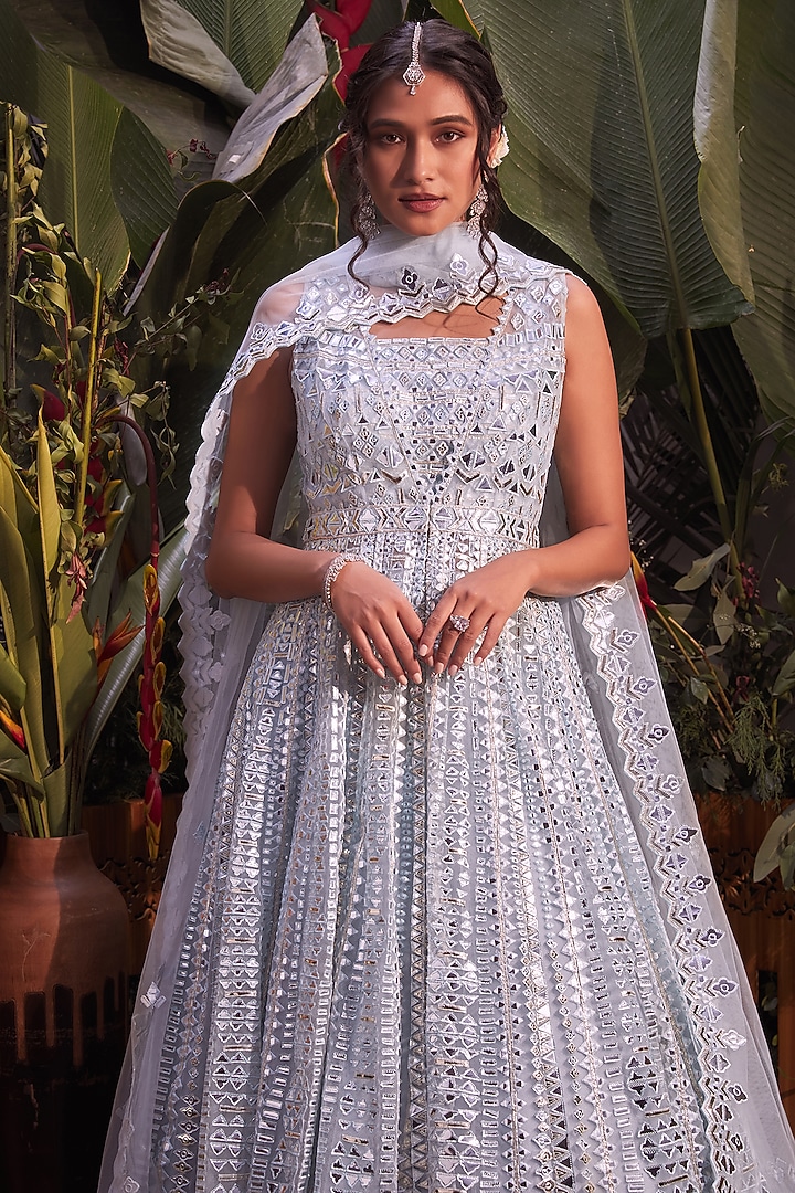 Sky Blue Net Foil Embroidered Jacket Wedding Lehenga Set by Aneesh Agarwaal at Pernia's Pop Up Shop
