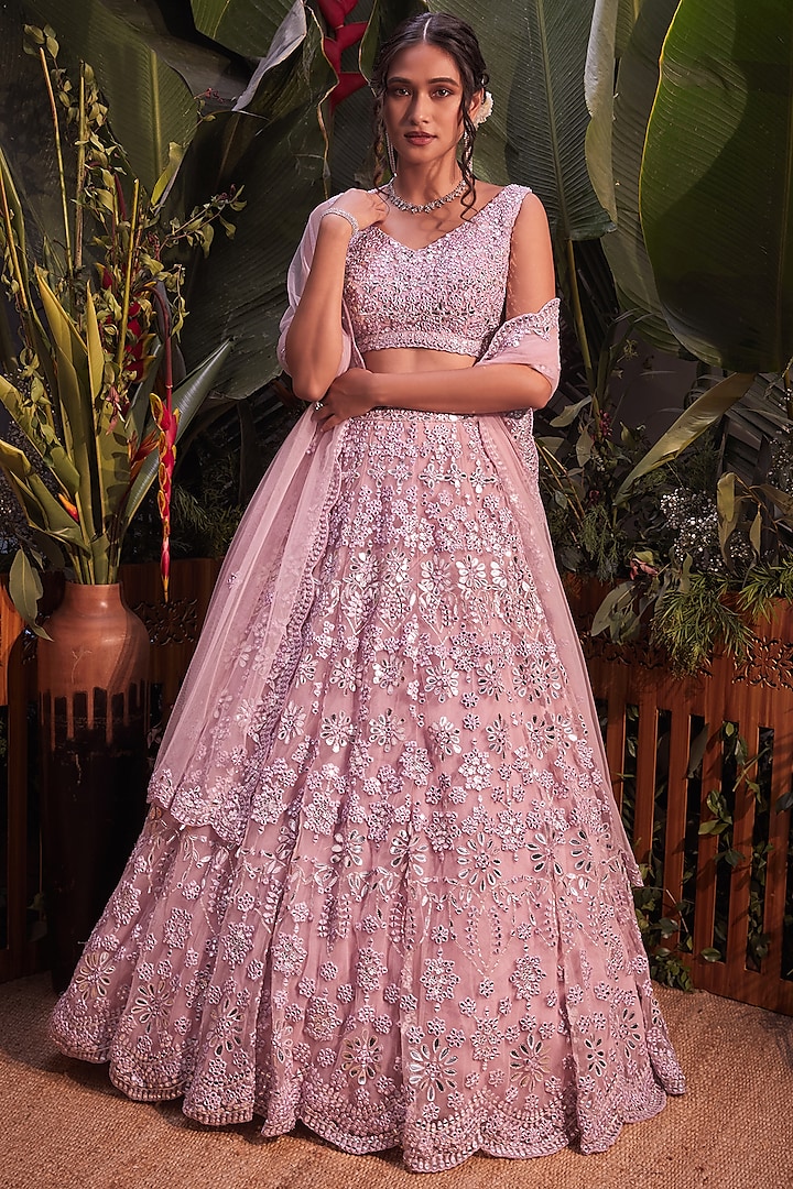 Taupe Foil Embroidered Lehenga Set by Aneesh Agarwaal
