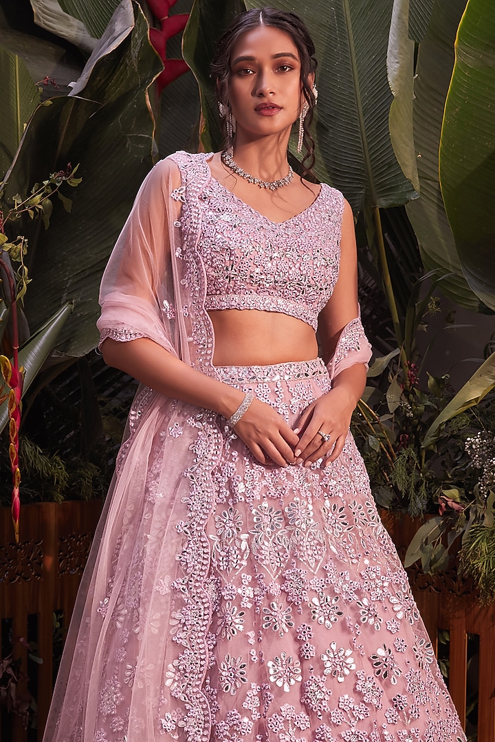 Taupe Foil Embroidered Wedding Lehenga Set by Aneesh Agarwaal at Pernia's Pop Up Shop