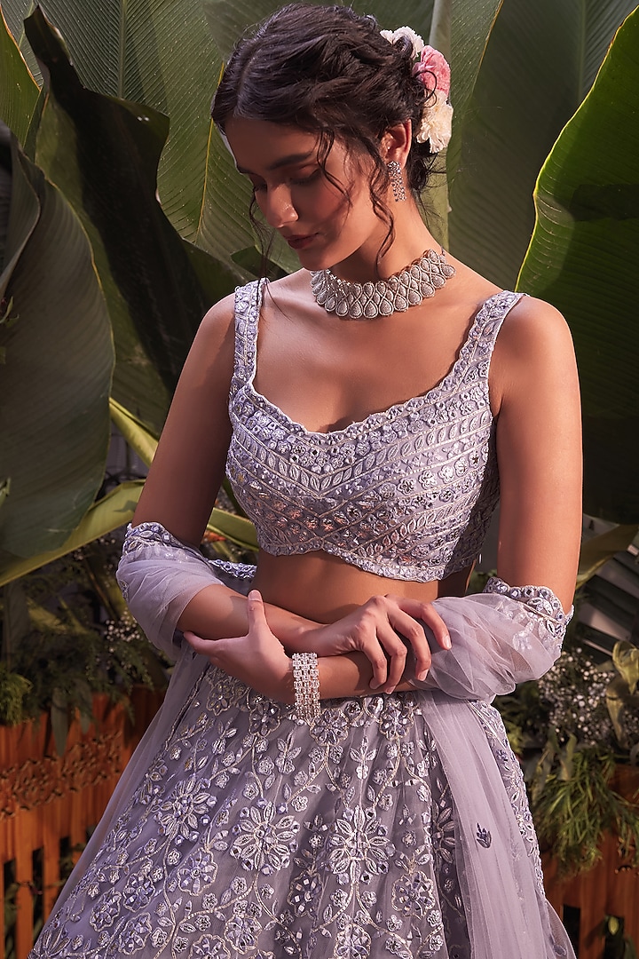 Greyish Blue Mirror Embroidered Wedding Lehenga Set by Aneesh Agarwaal at Pernia's Pop Up Shop
