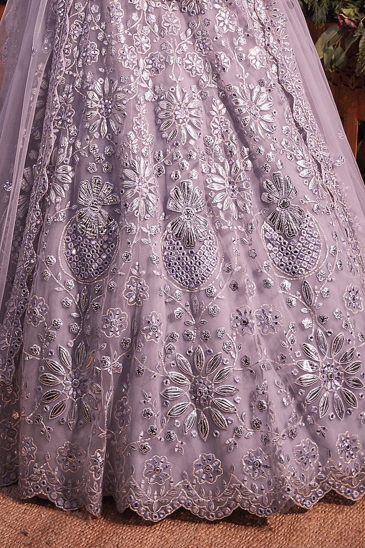 Greyish Blue Mirror Embroidered Wedding Lehenga Set by Aneesh Agarwaal at Pernia's Pop Up Shop
