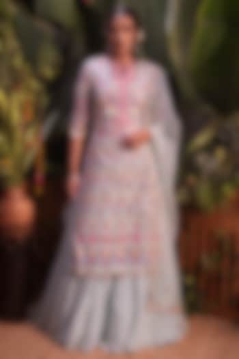Aqua Mirror Embroidered Kurta Set by Aneesh Agarwaal at Pernia's Pop Up Shop