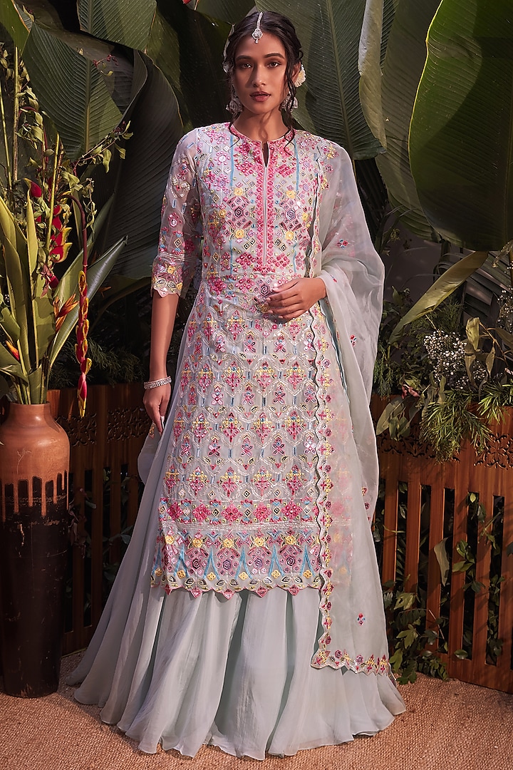 Aqua Mirror Embroidered Kurta Set by Aneesh Agarwaal at Pernia's Pop Up Shop