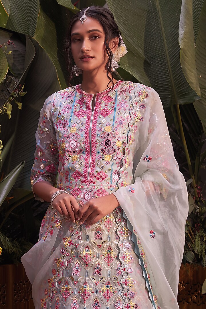 Aqua Mirror Embroidered Kurta Set by Aneesh Agarwaal at Pernia's Pop Up Shop