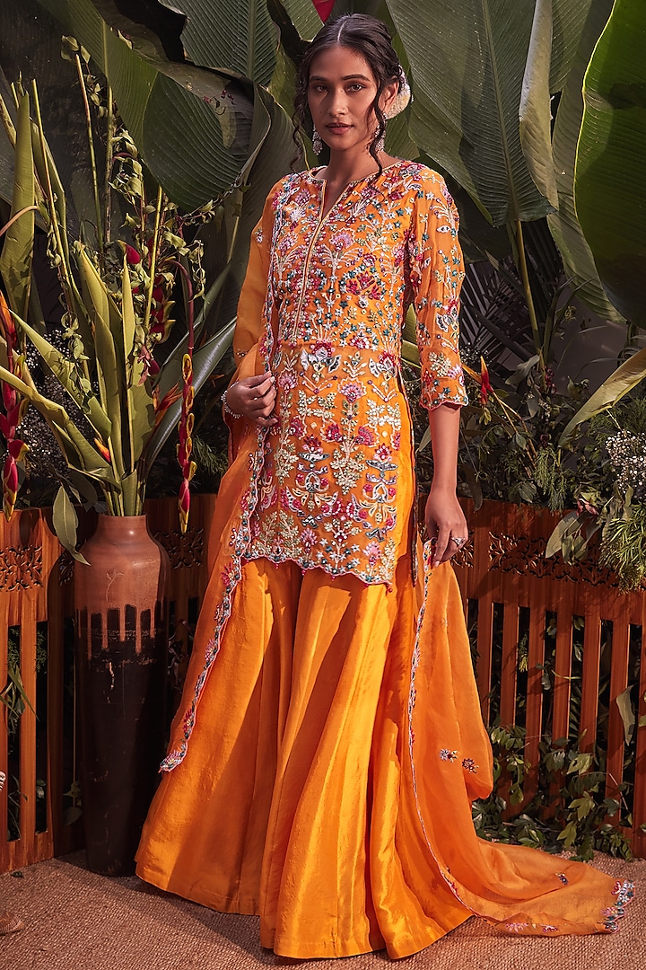 Mango Yellow Organza Gharara Set by Aneesh Agarwaal