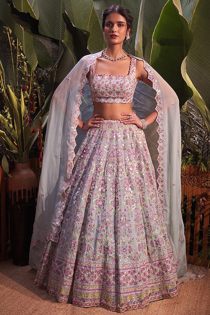 Blue Applique Embroidered Lehenga Set by Aneesh Agarwaal