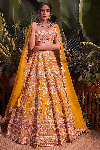 Yellow Applique Embroidered Lehenga Set by Aneesh Agarwaal