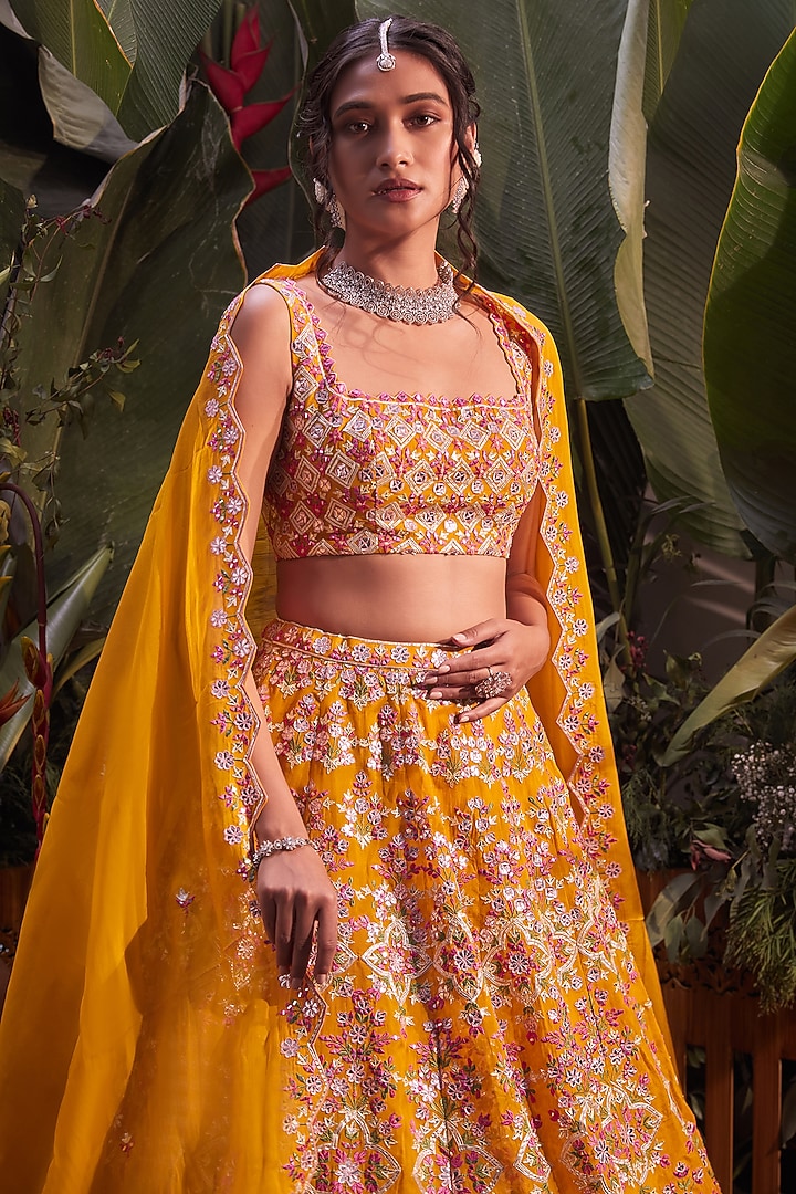 Yellow Applique Embroidered Wedding Lehenga Set by Aneesh Agarwaal at Pernia's Pop Up Shop