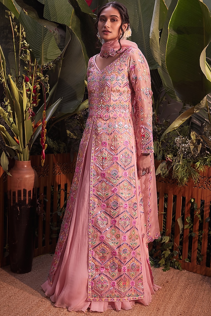 Peach Organza Embroidered Jacket Set by Aneesh Agarwaal at Pernia's Pop Up Shop
