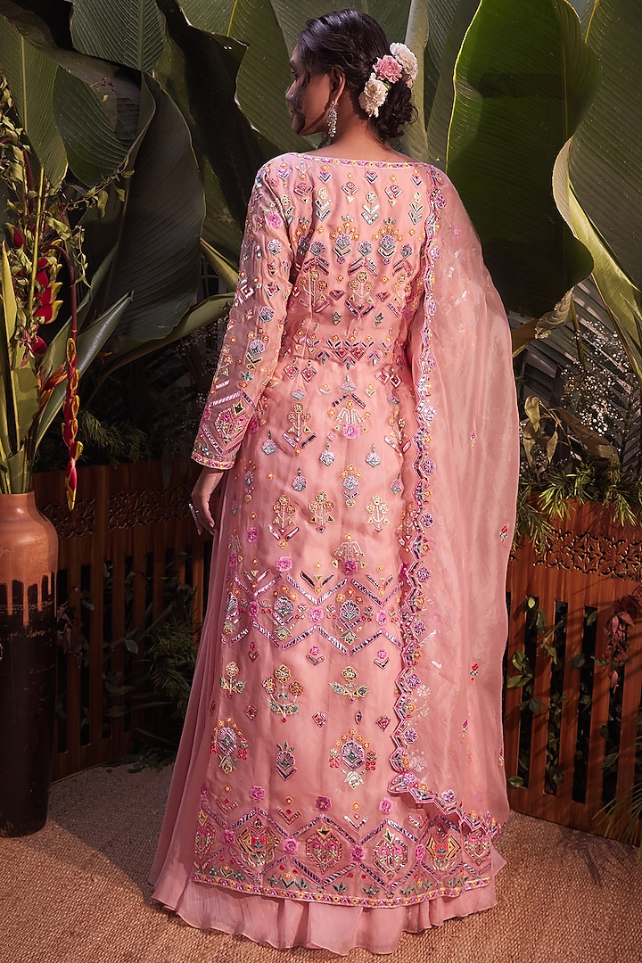 Peach Organza Embroidered Jacket Set by Aneesh Agarwaal at Pernia's Pop Up Shop