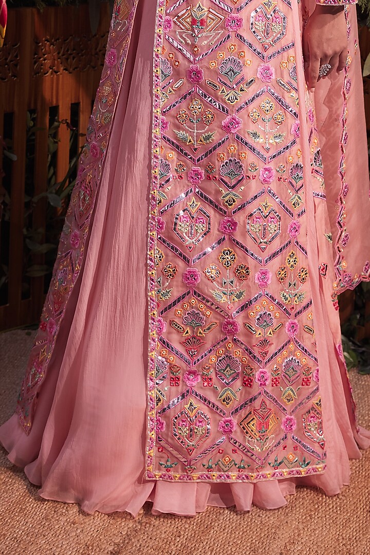 Peach Organza Embroidered Jacket Set by Aneesh Agarwaal at Pernia's Pop Up Shop