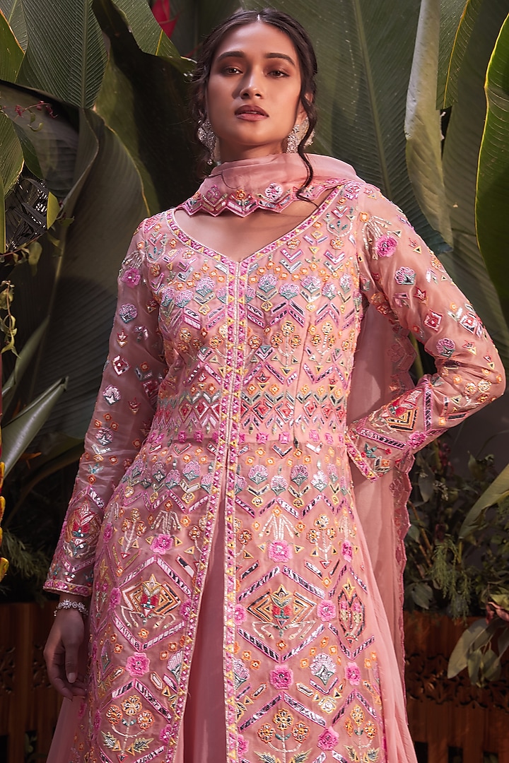 Peach Organza Embroidered Jacket Set by Aneesh Agarwaal at Pernia's Pop Up Shop