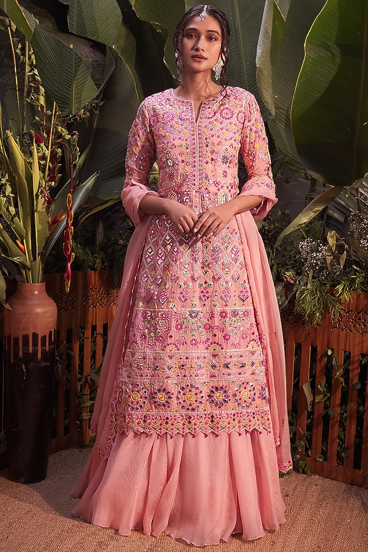 Pink Organza Embroidered Jacket Set by Aneesh Agarwaal at Pernia's Pop Up Shop