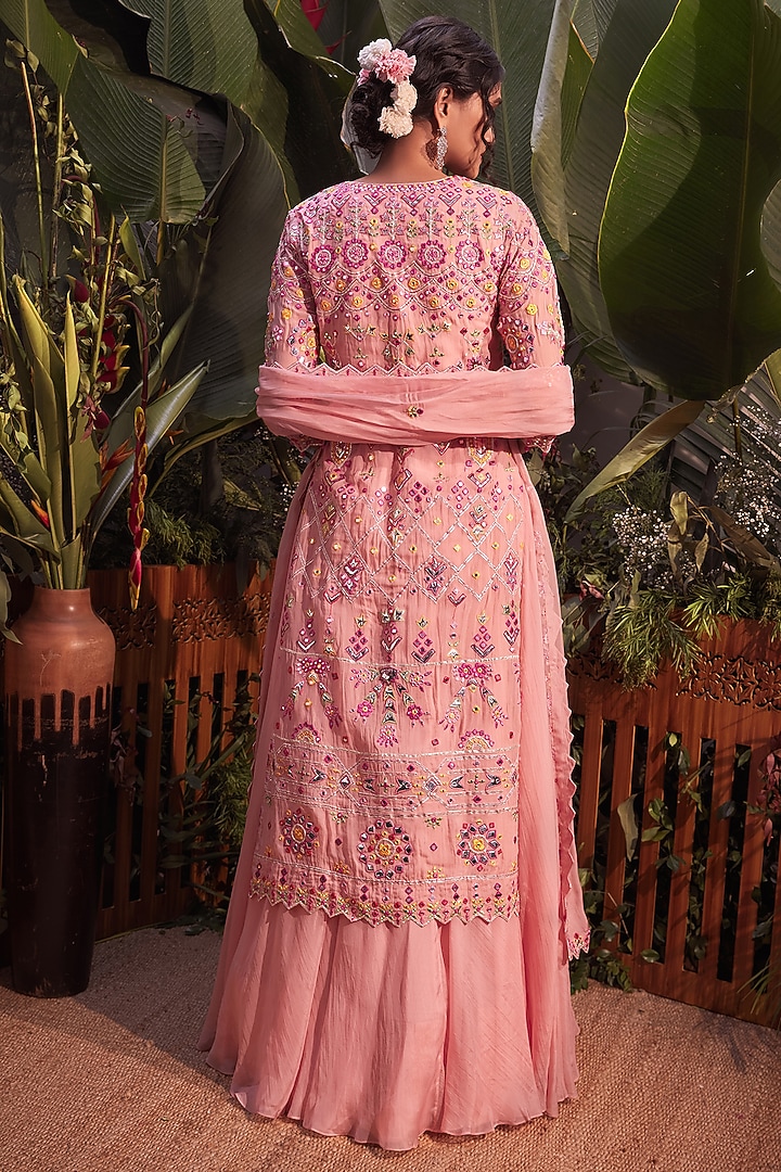 Pink Organza Embroidered Jacket Set by Aneesh Agarwaal at Pernia's Pop Up Shop
