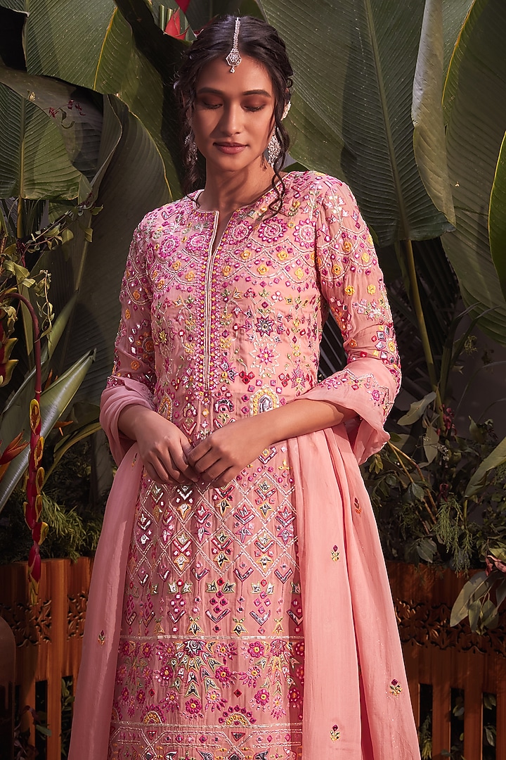 Pink Organza Embroidered Jacket Set by Aneesh Agarwaal at Pernia's Pop Up Shop