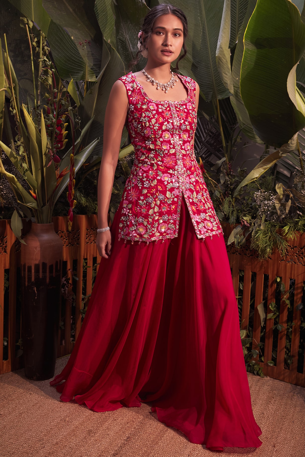 Sequence hand work Red sharara set with organza dupatta main image 1