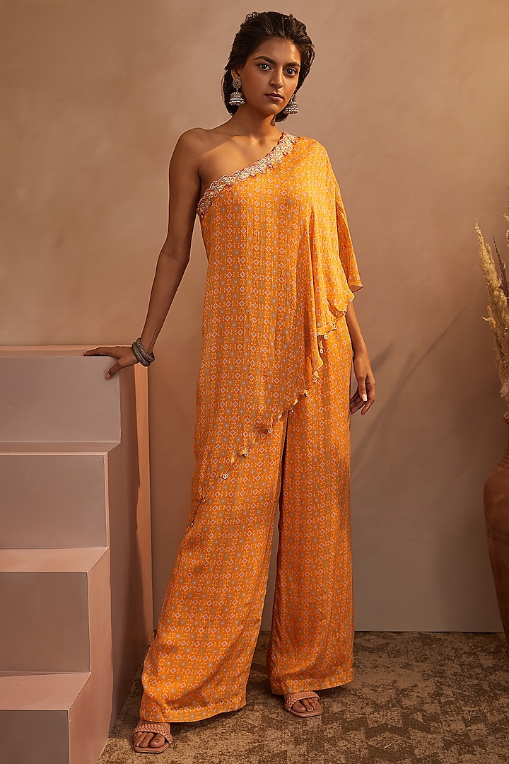 Mustard Hand Embroidered One-Shoulder Jumpsuit by Aneesh Agarwaal PRET