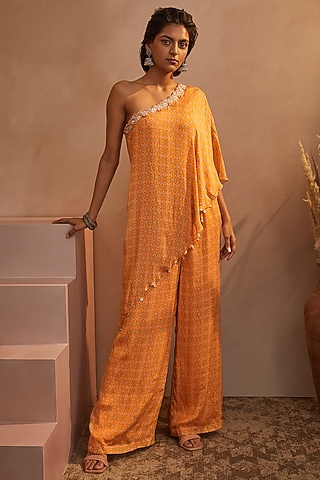 Mustard Hand Embroidered One-Shoulder Jumpsuit by Aneesh Agarwaal PRET