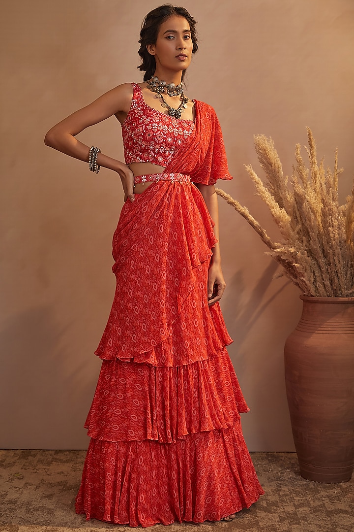 Cadmium Red Georgette Ikat Printed Draped Stitched Saree Set by Aneesh Agarwaal PRET at Pernia's Pop Up Shop