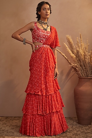 Cadmium Red Georgette Ikat Printed Draped Stitched Saree Set by Aneesh Agarwaal PRET