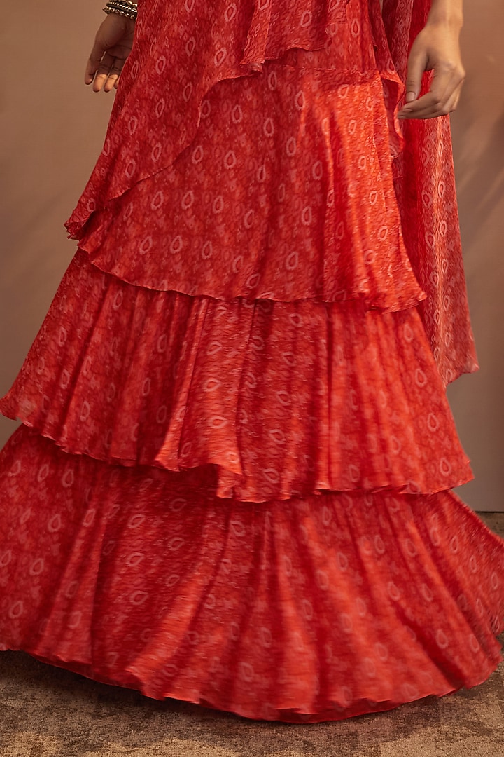 Cadmium Red Georgette Ikat Printed Draped Stitched Wedding Saree Set by Aneesh Agarwaal PRET at Pernia's Pop Up Shop