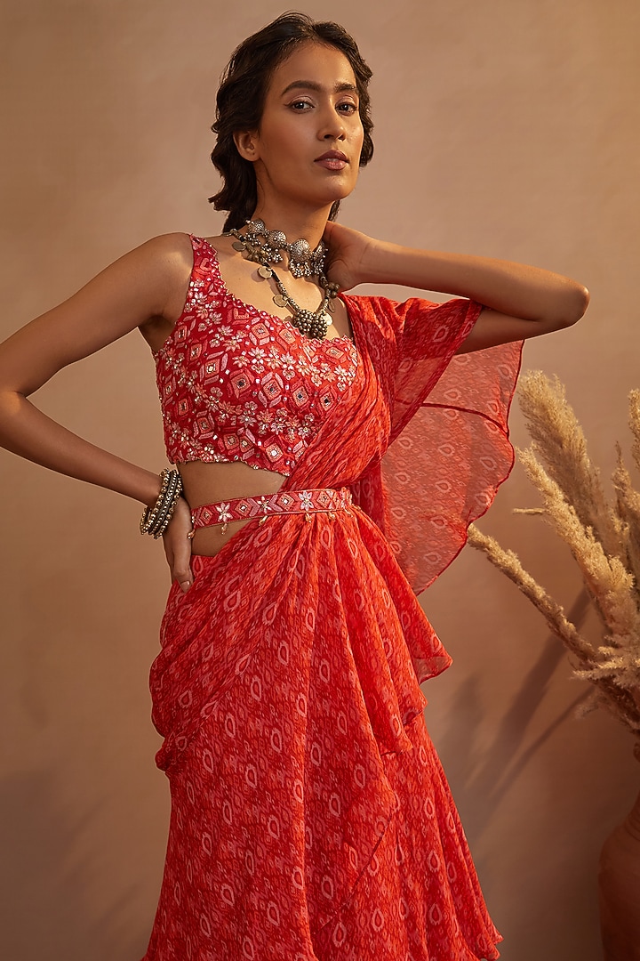 Cadmium Red Georgette Ikat Printed Draped Stitched Wedding Saree Set by Aneesh Agarwaal PRET at Pernia's Pop Up Shop