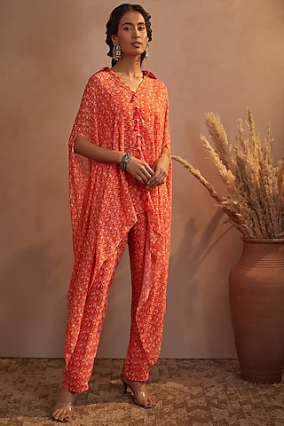 Orange Printed Kaftan Set by Aneesh Agarwaal PRET