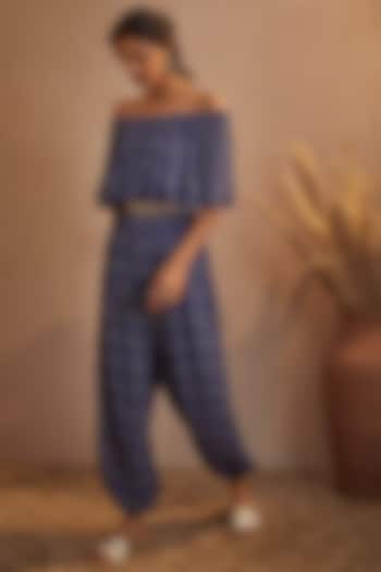 Blueberry Georgette Off-Shoulder Jumpsuit by Aneesh Agarwaal PRET