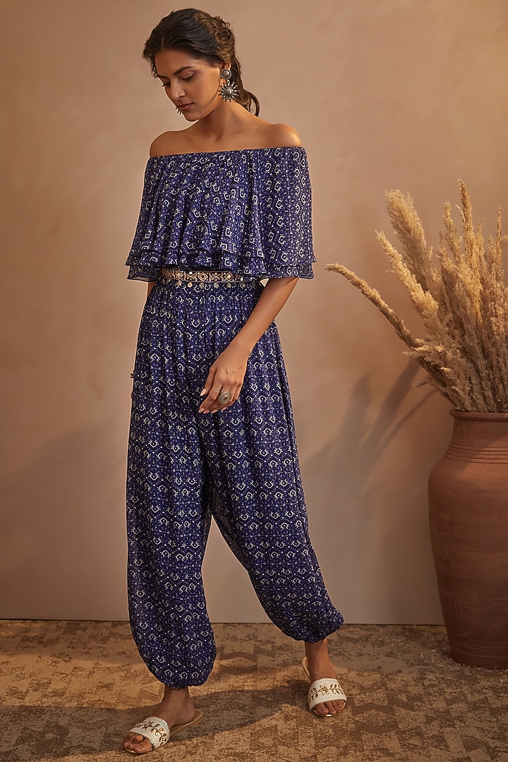 Blueberry Georgette Off-Shoulder Jumpsuit by Aneesh Agarwaal PRET at Pernia's Pop Up Shop