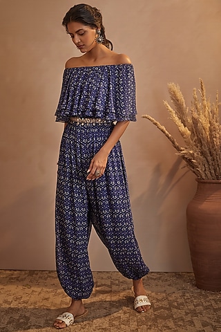 Blueberry Georgette Off-Shoulder Jumpsuit by Aneesh Agarwaal PRET
