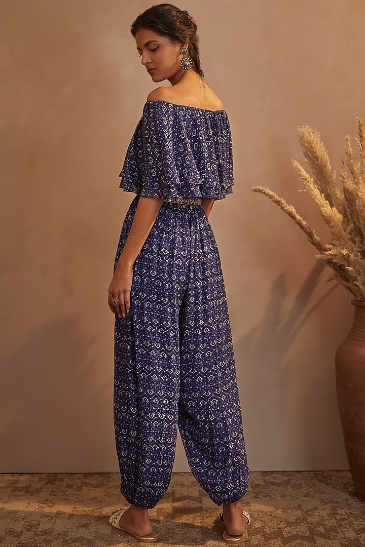 Blueberry Georgette Off-Shoulder Jumpsuit by Aneesh Agarwaal PRET at Pernia's Pop Up Shop
