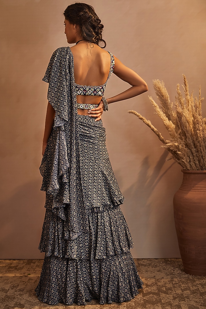 Heavy Grey Chinon Chiffon Printed Draped Wedding Saree Set by Aneesh Agarwaal PRET at Pernia's Pop Up Shop