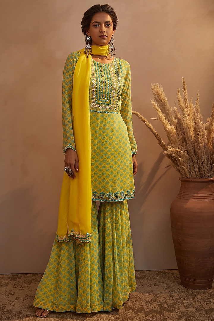 Pale Lime Georgette Flared Sharara Set by Aneesh Agarwaal PRET