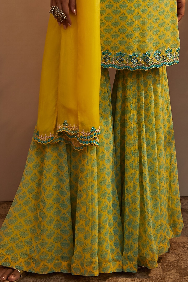 Pale Lime Georgette Flared Wedding Sharara Set by Aneesh Agarwaal PRET at Pernia's Pop Up Shop