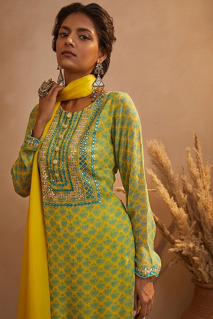 Pale Lime Georgette Flared Wedding Sharara Set by Aneesh Agarwaal PRET at Pernia's Pop Up Shop