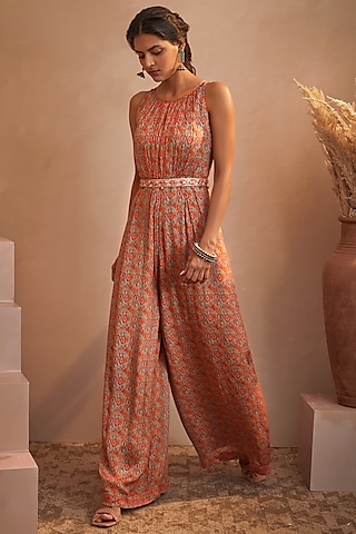 Alexandra Peach Printed Flared Jumpsuit by Aneesh Agarwaal PRET