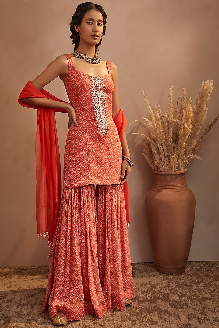 Orange Georgette Sharara Set by Aneesh Agarwaal PRET