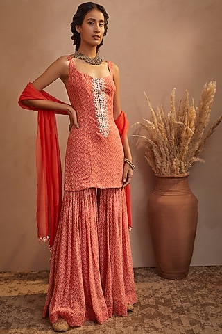 Orange Georgette Sharara Set by Aneesh Agarwaal PRET