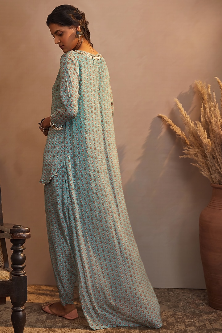 Aqua Blue Printed High-Low Kurta Set by Aneesh Agarwaal PRET at Pernia's Pop Up Shop